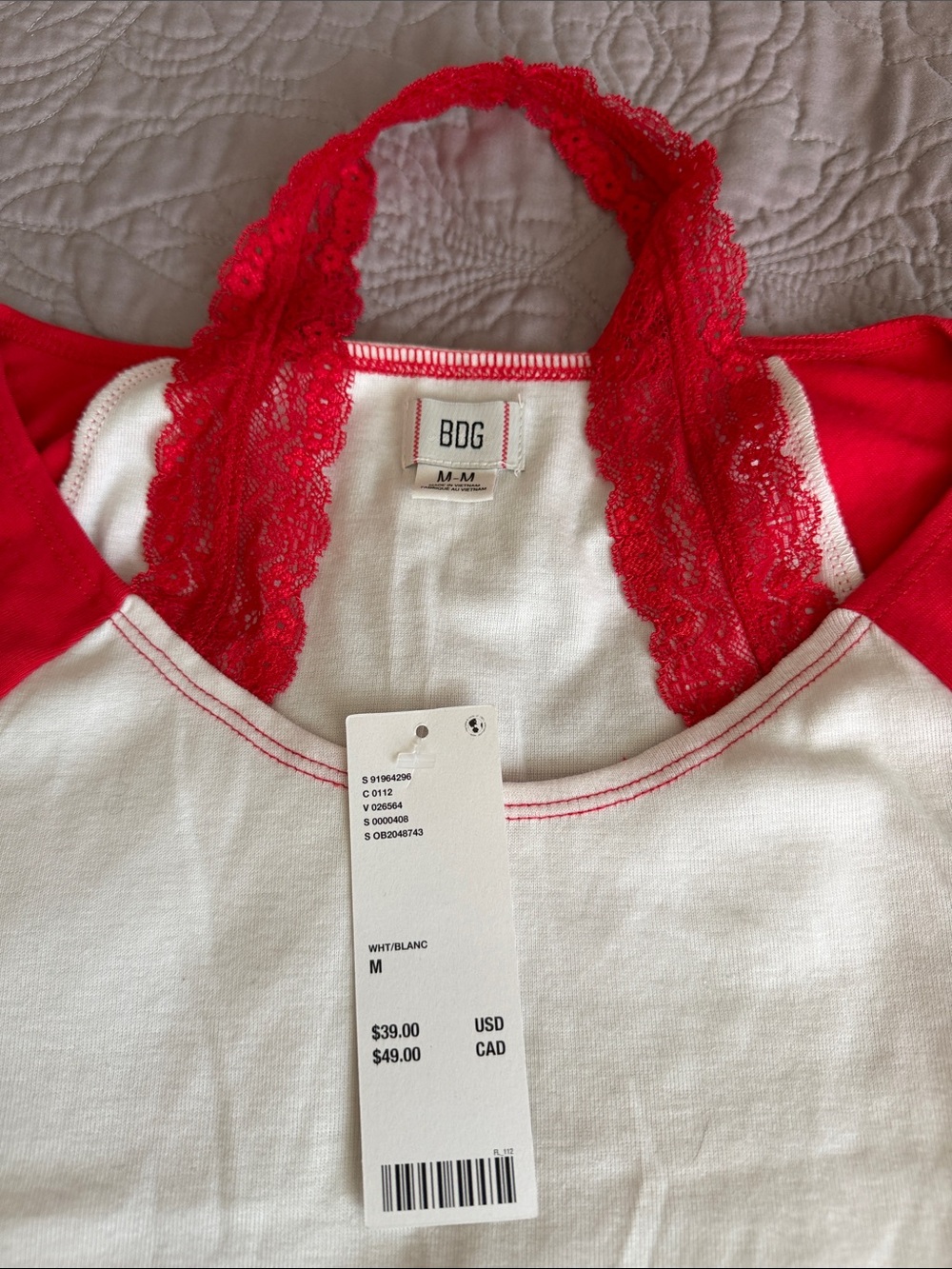 Urban Outfitters BDG White Tee with Red Raglan Sleeves and Lace Halter - Picture 3 of 7